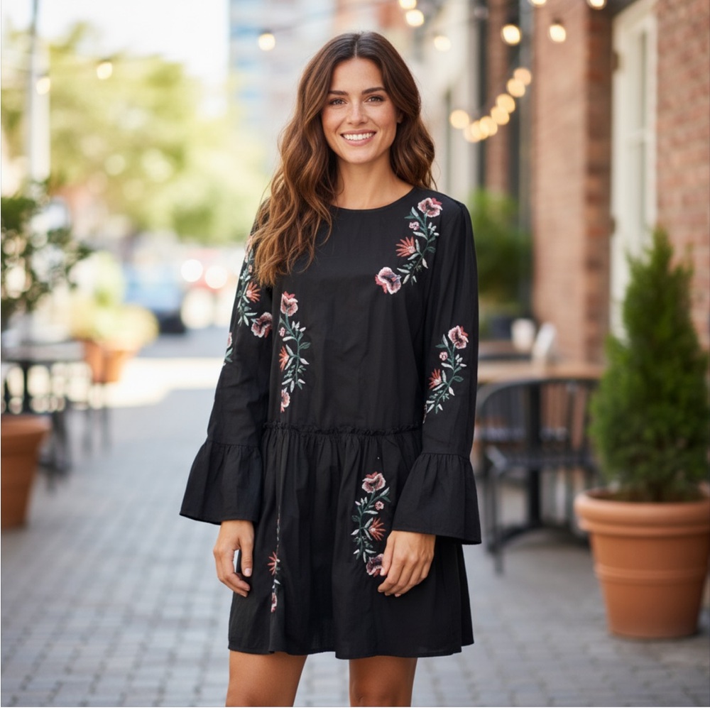 Zara Trafaluc Collection Floral Embroidered Long Sleeve Mini Dress, Size S, NWT